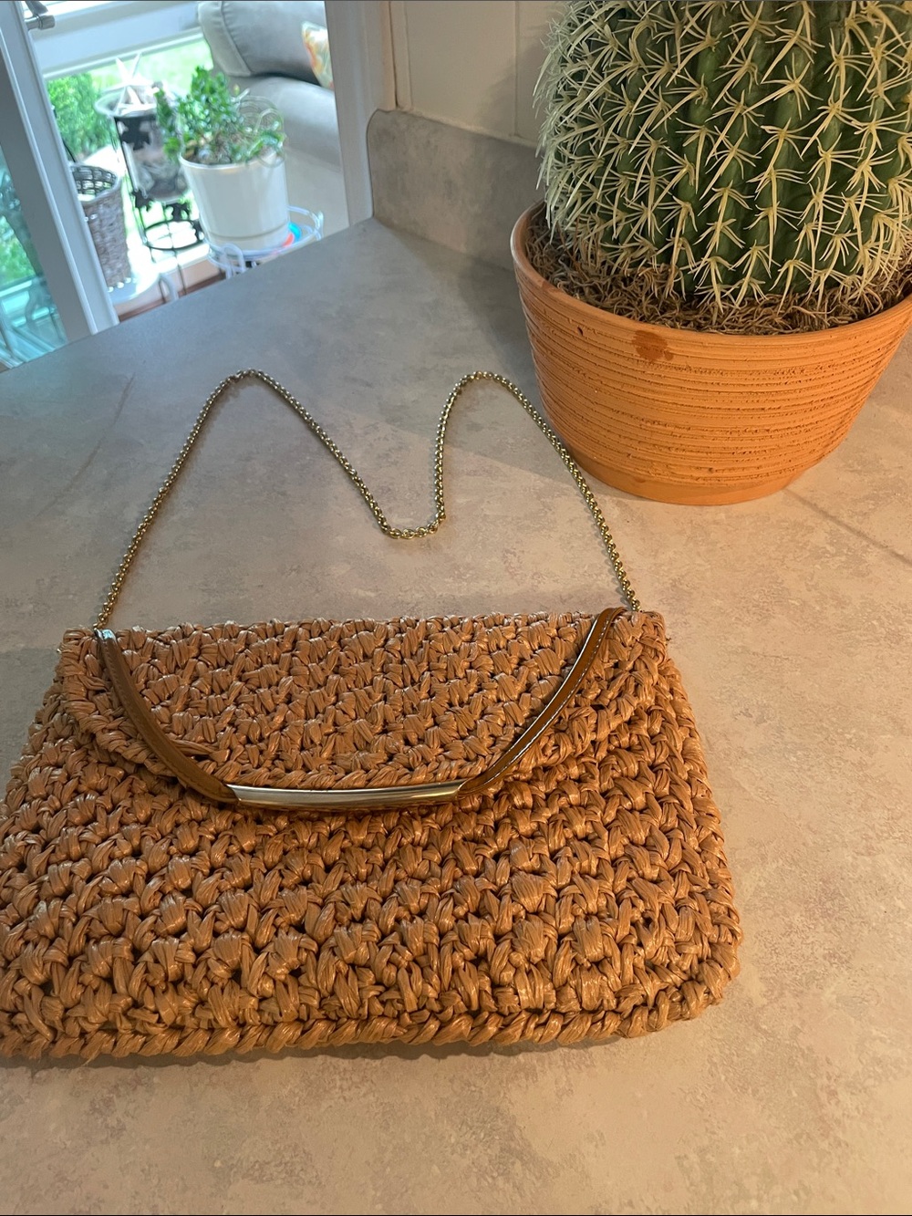 Vintage Rodo (Italy) Woven Straw With Gold Chain Bag